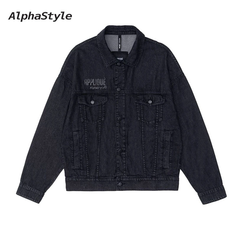 alphastyle潮牌早春新款潮流复古美式男女同款雪花水洗牛仔外套