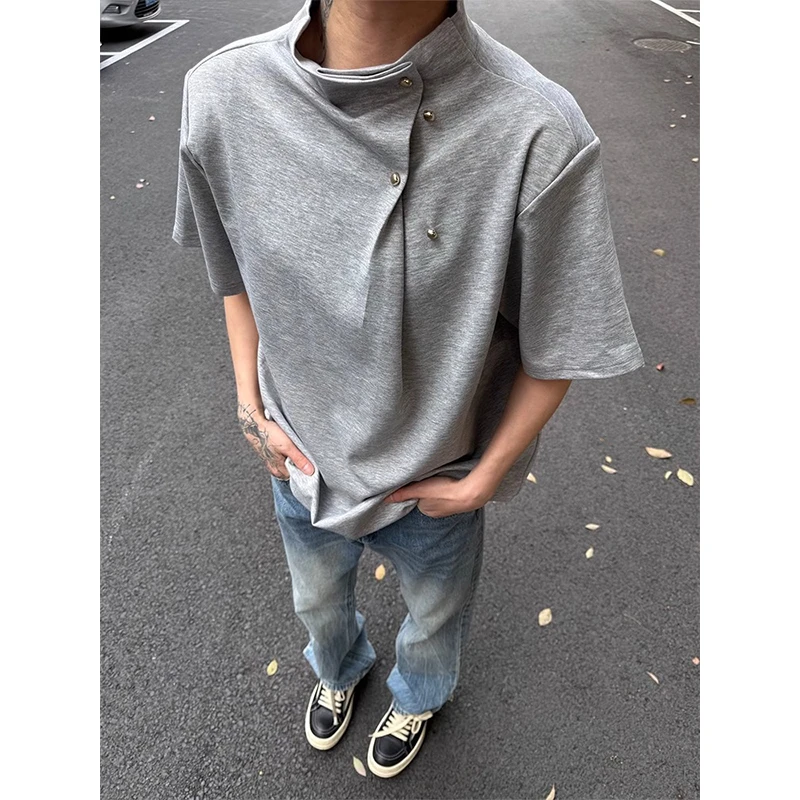 不规则纽扣设计感t恤夏季新中式男装半高领垫肩短袖cleanfit半袖