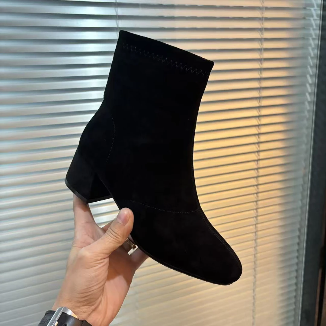 真皮羊皮圆头粗跟侧拉链短靴女秋冬季新款磨砂绒面黑色加绒瘦瘦靴