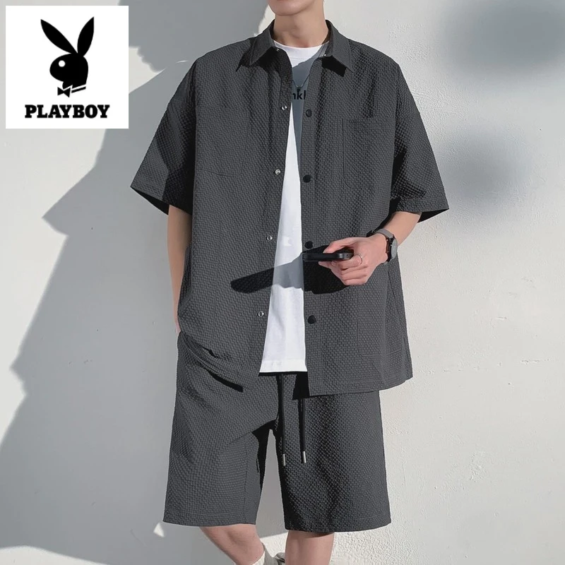 花花公子夏季短袖休闲套装男士潮流工装泡泡纱运动五分裤