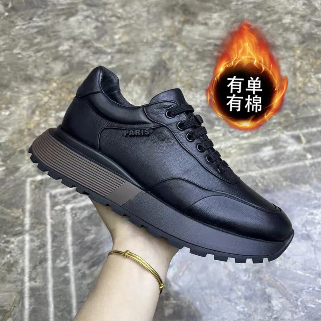 高档真皮男鞋上档次百搭潮鞋秋冬季2025加绒保暖男士休闲鞋子厚底
