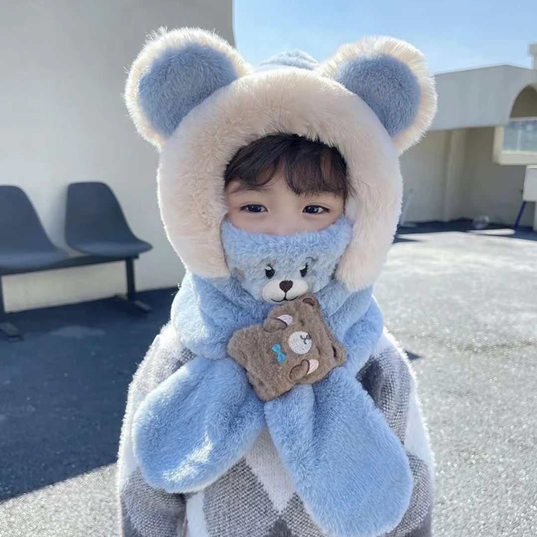 儿童冬季帽子围巾一男女童毛绒帽防风防寒护耳口罩可拆卸三件套