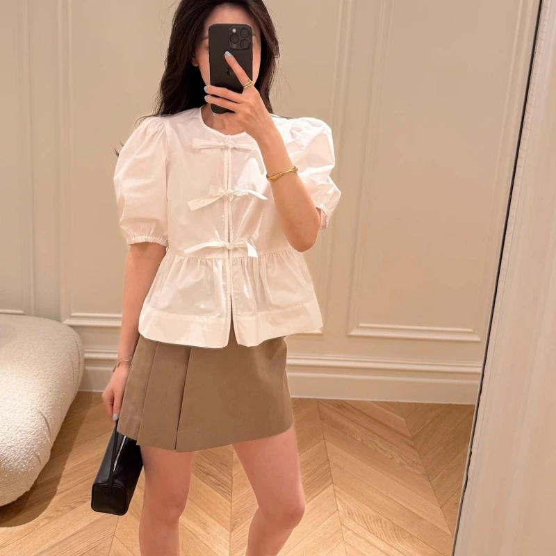 法式蝴蝶结系带短袖衬衫女镂空绑带泡泡袖减龄小个子上衣9986