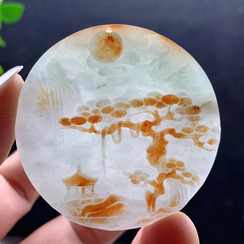 优惠缅甸天然翡翠A货黄翡俏色山水步步高升红运当头挂件吊坠精雕