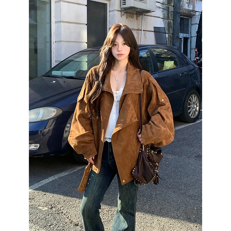 韩系复古超好看麂皮绒外套女2025秋季新款高级感宽松百搭夹克上衣