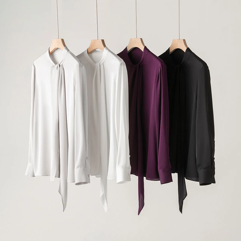新款真丝衬衫女春季长袖飘带桑蚕丝衬衣中长款纯色显瘦气质上衣