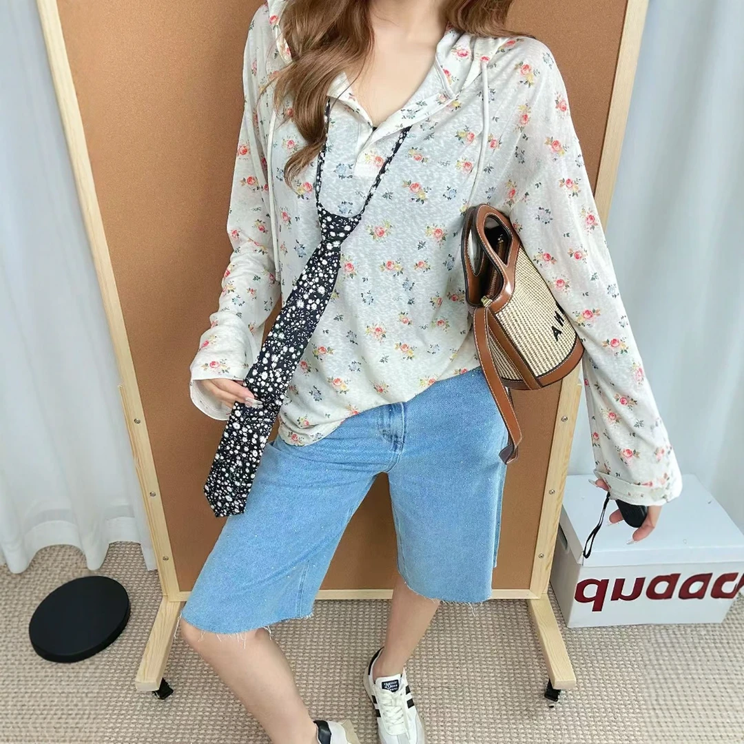 【碎花连帽面膜T恤】2025夏时尚百搭防晒衣印花空调衣长袖上衣女