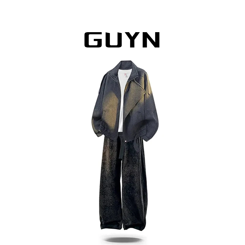 GUYN男装混搭一整套秋季套装男款肌理感潮牌休闲夹克衫外套两件套