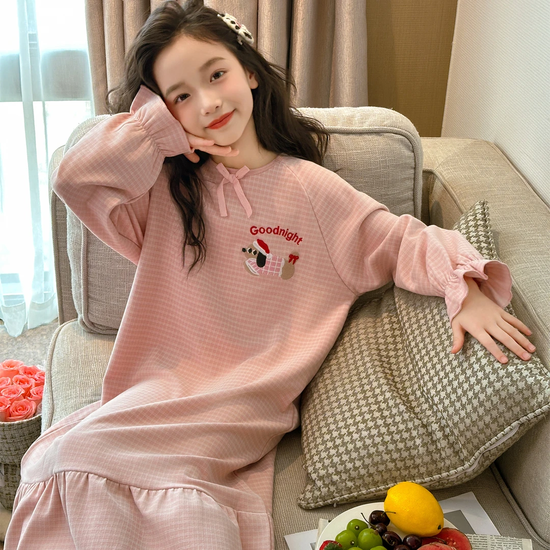 德绒女童睡裙中大童新款加厚保暖格纹家居服睡衣258116