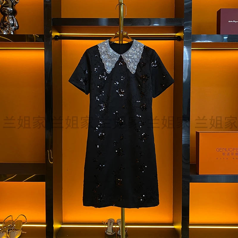 【小黑金】设计师2025年夏季新款翻领绣珠片拼色气质名媛短袖连衣裙