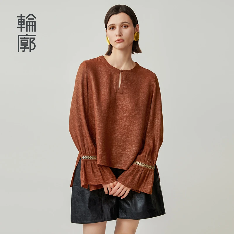 轮廓丹霞舒适小衫设计感中式衬衫针织长袖百搭前短后长薄L243Y034