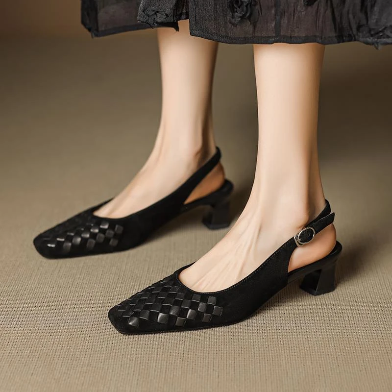 羊皮绝美黑色方头包头凉鞋女夏季外穿时尚中跟粗跟后空单鞋女气质