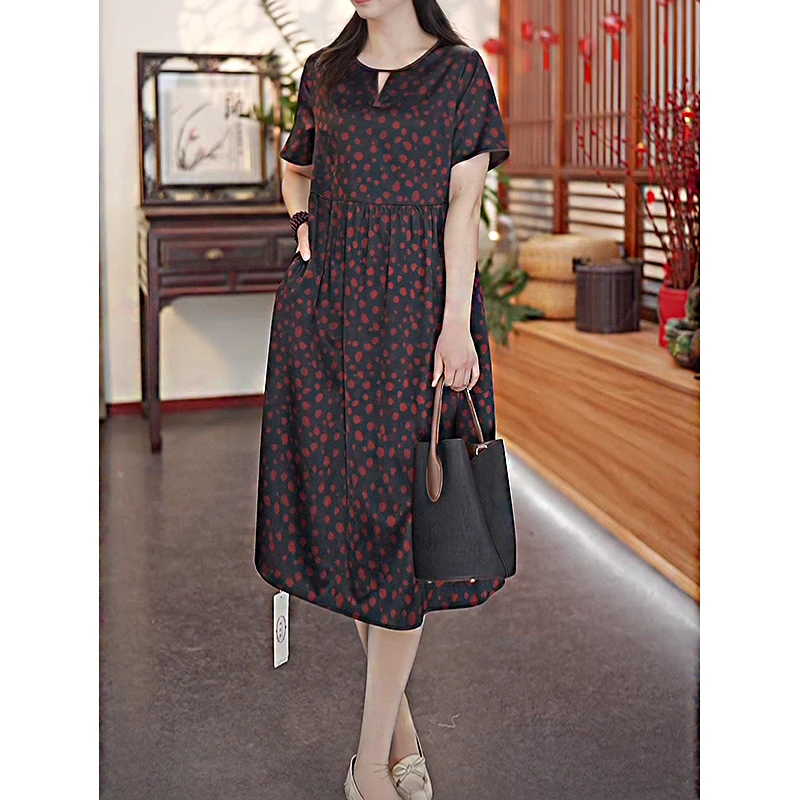 【软红香土】25新款桑蚕丝连衣裙大气优雅阔太太时尚宽松裙12452