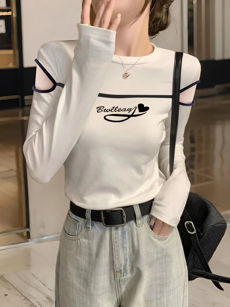 韩系百搭圆领长袖打底秋冬内搭小众t恤女时尚露肩修身设计感上衣