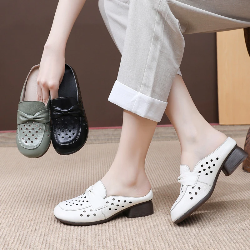 真皮中跟拖鞋外穿软面软底镂空凉拖女舒适安脚妈妈鞋夏百搭包头拖