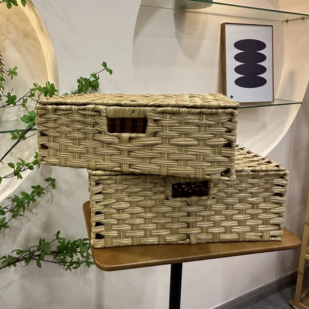 衣柜收纳箱手工编织姜黄色复古抽屉式带盖箱子杂物整理储物盒编织