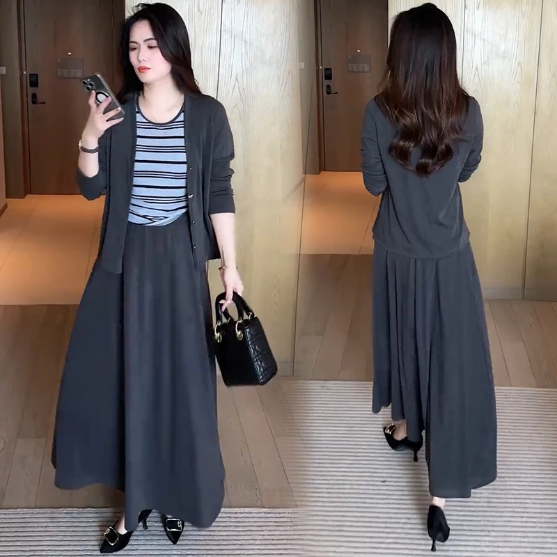 时尚连衣裙女秋季新款洋气宽松显瘦长袖外披条纹背心半身裙三件套