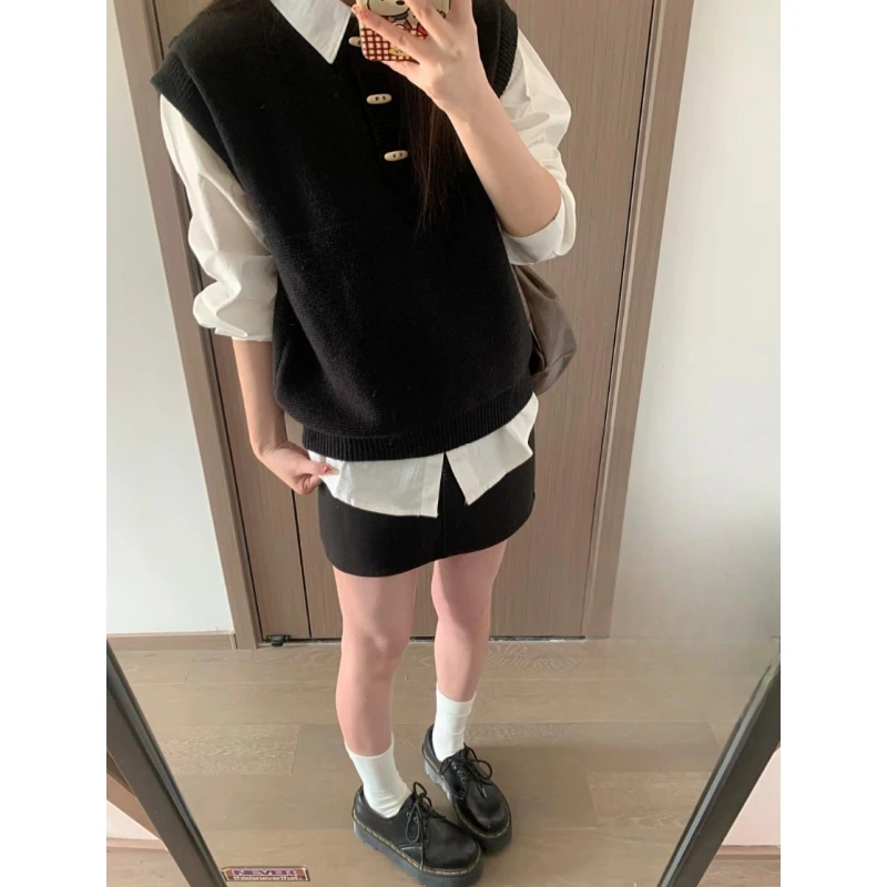 套装女春款减龄小众衬衫时尚针织马甲休闲百搭高腰显瘦裙子两件套