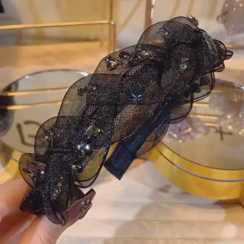 黑色网纱水钻麻花发箍高级感气质百搭发箍发捆不勒头带齿发卡发饰