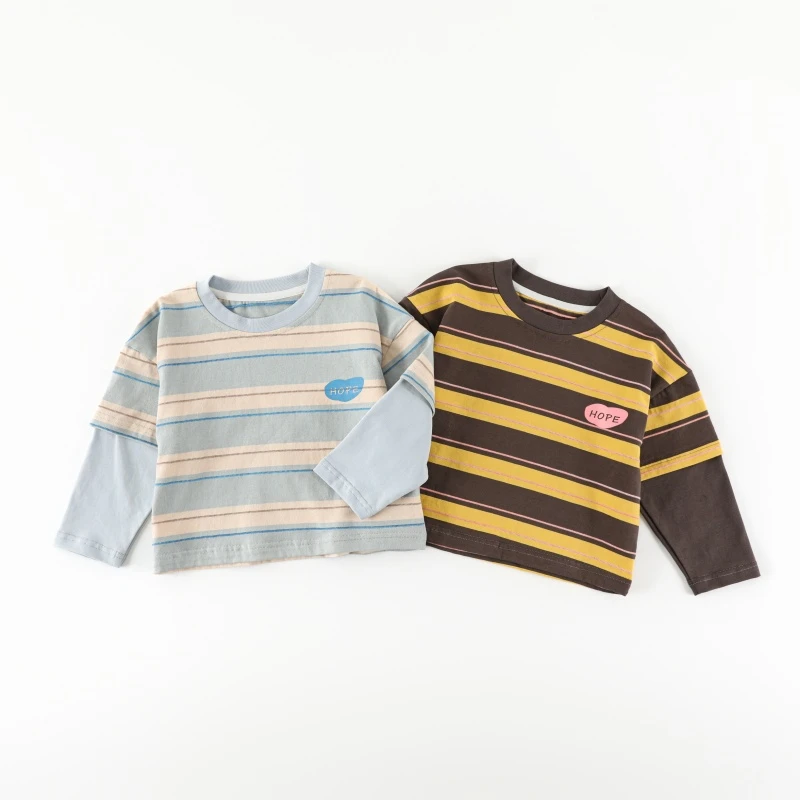 【棉的】儿童假两件卫衣春秋新款男童长袖韩版拼色条纹上衣AS801