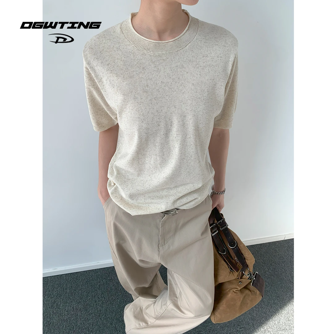DGWTING新贵高奢棉麻短袖男夏季老钱针织衫t恤圆领宽松正肩上衣服