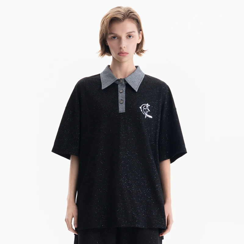 QUARTER IN NIGHT夏季新款时尚休闲百搭短袖上衣满天星拼接polo衫