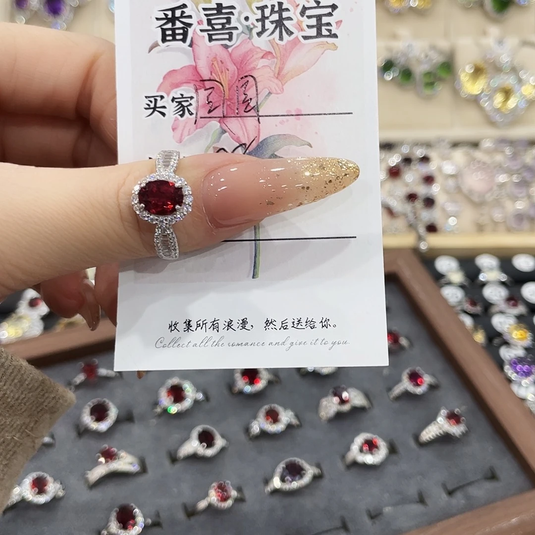 ****士戒指石榴石银S925镶嵌戒指