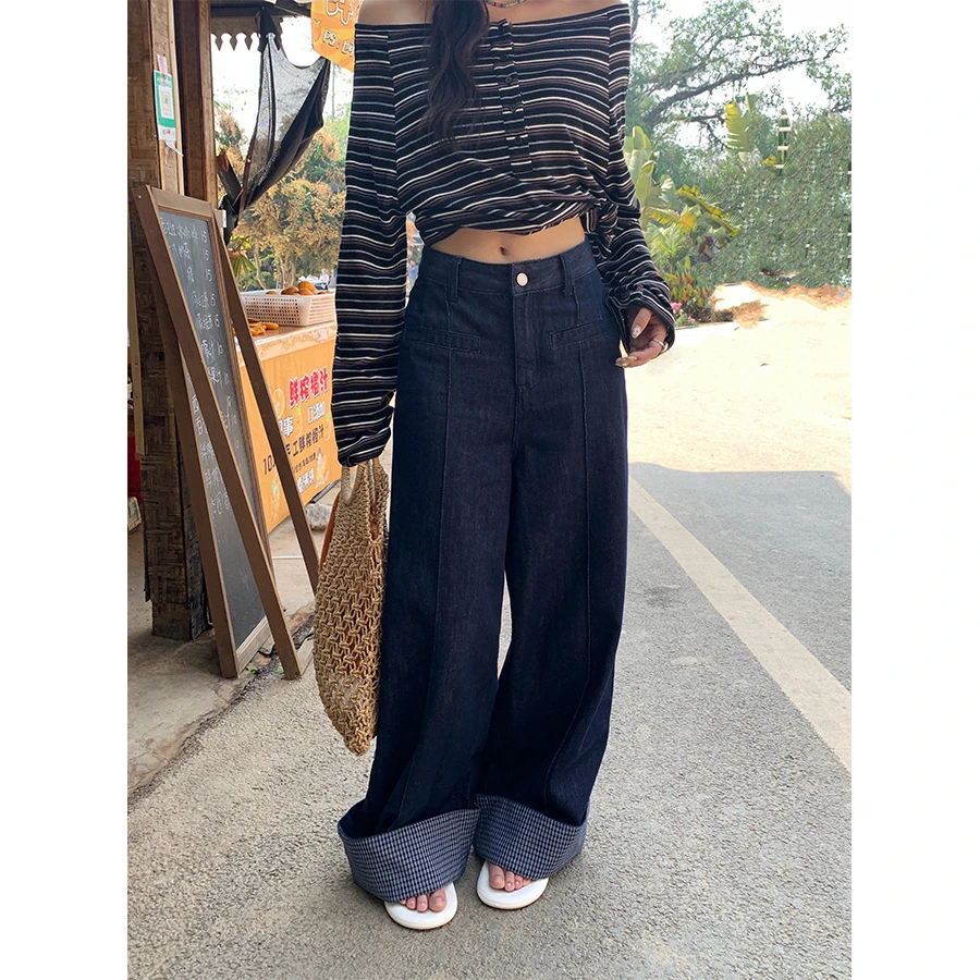 黄峥裤脚拼接高腰阔腿牛仔裤女2025夏款显瘦时尚款长裤520095新款