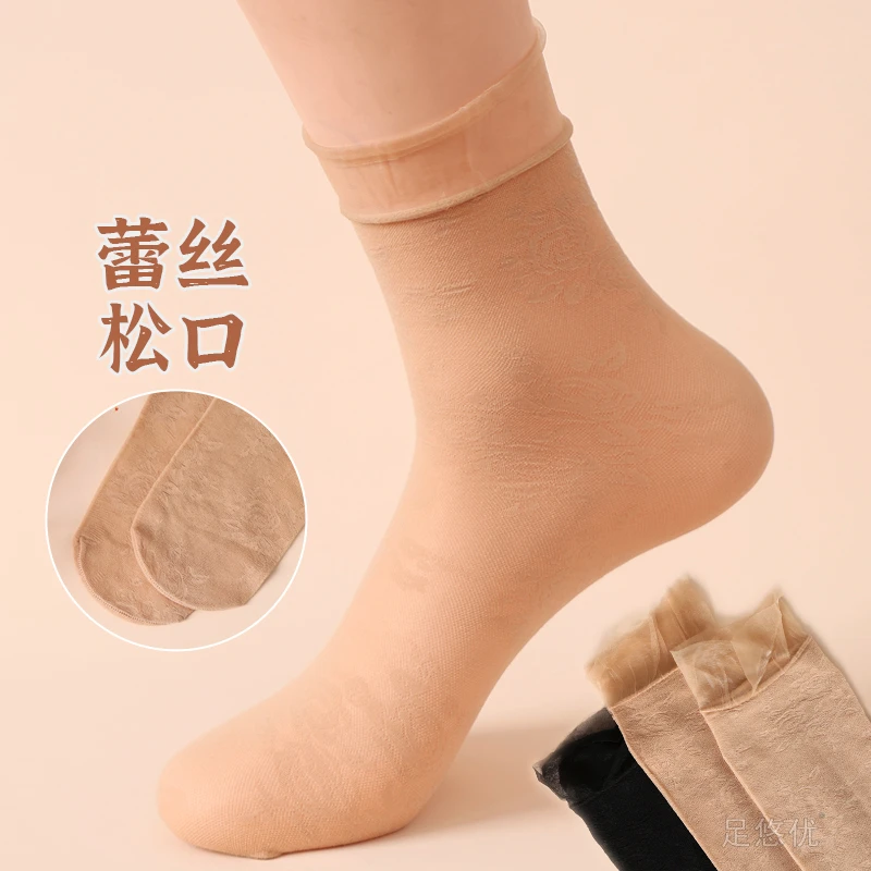 中筒袜子女夏季薄款提花短款丝袜印花蕾丝花边妈妈高档耐穿防勾丝