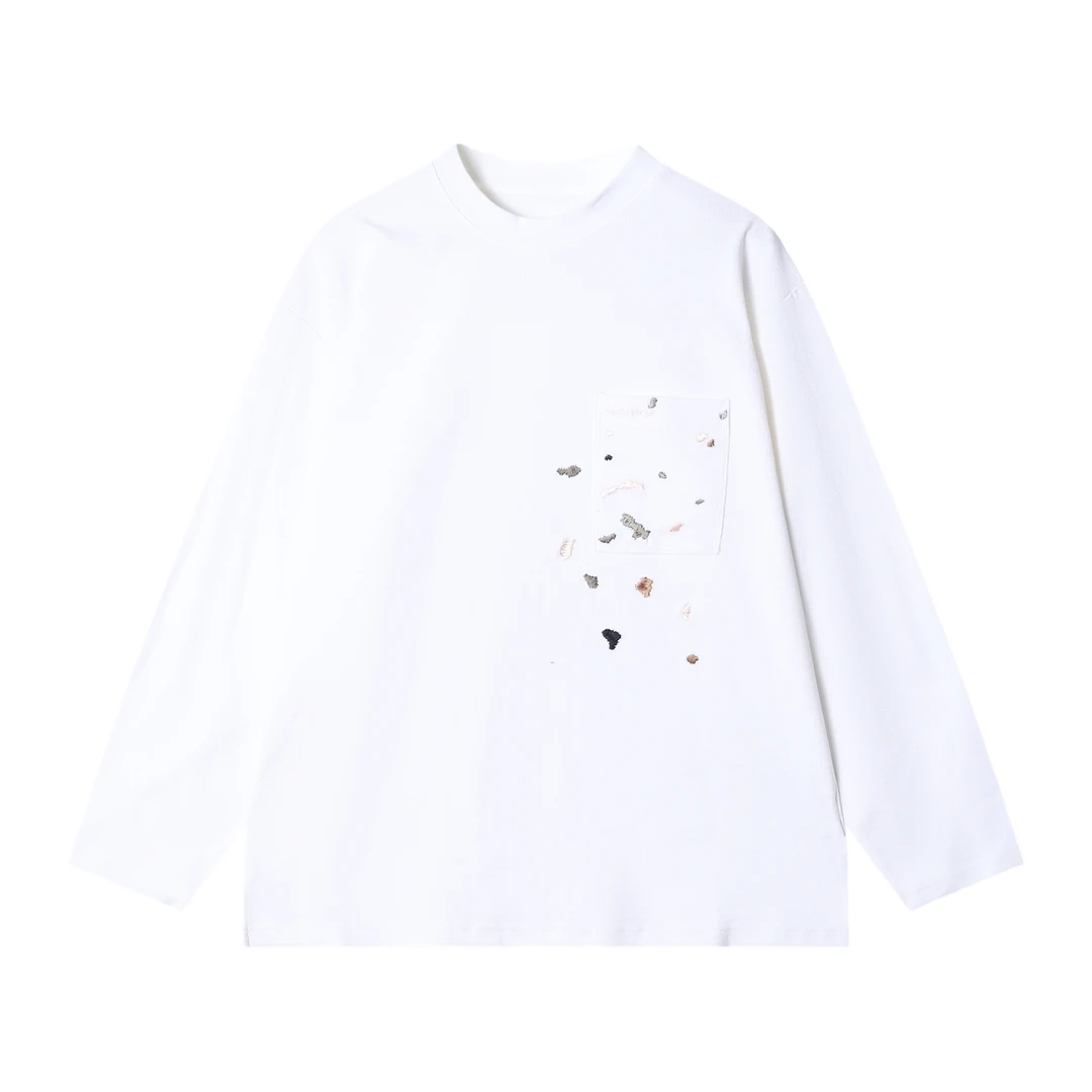 早春新款时尚个性韩版撞色刺绣圆领长袖T恤小众设计轻奢百搭上衣