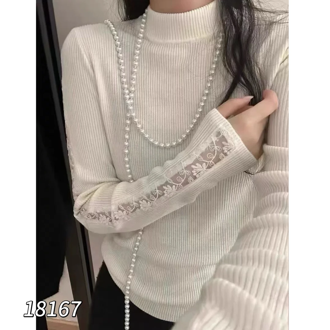 18167（部分无水洗唛介意慎拍）WANGDAN圆领手臂蕾丝拼接长袖针织衫