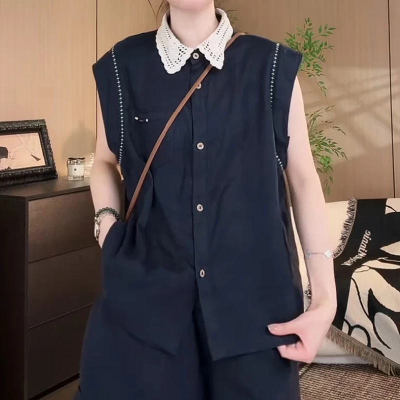 港味复古polo领无袖衬衫女夏季新款藏肉洋气大码巨遮肚子显瘦上衣