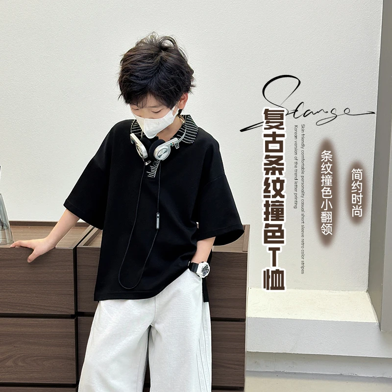 男童短袖T恤2025新款儿童自制POLO衫中大童设计款半袖黑色上衣潮