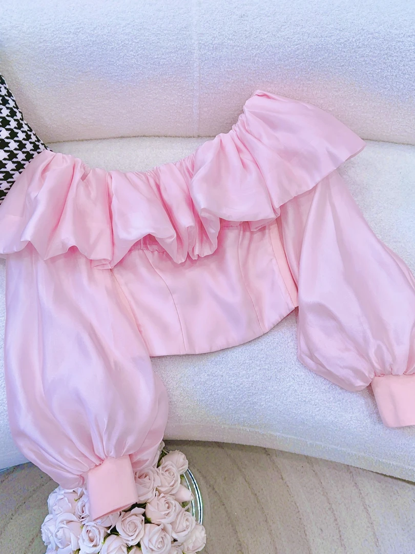 琳心丨夏季新款粉色时尚娃娃领灯笼袖短款衬衫 0330