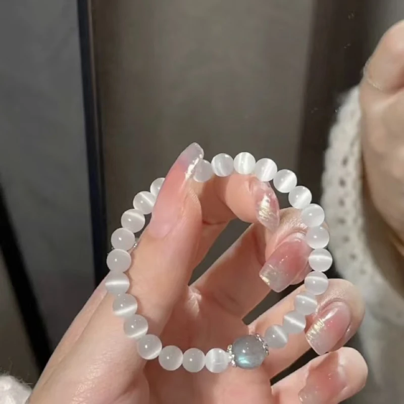 铁手链 天然白猫眼10mm百搭软妹白色串珠手饰女款简约单圈配饰