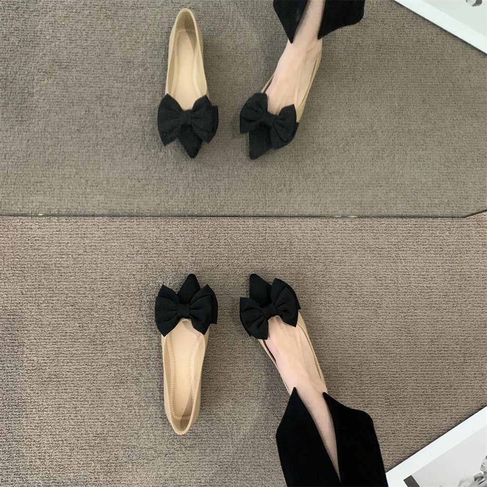 小香风温柔蝴蝶结尖头单鞋浅口晚风豆豆鞋通勤平底鞋