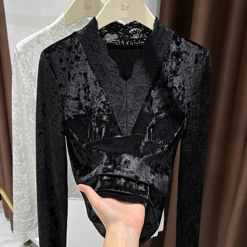 花边蕾丝V领丝绒网纱打底衫春秋薄款镂空钻石毛长袖t恤高级感上衣