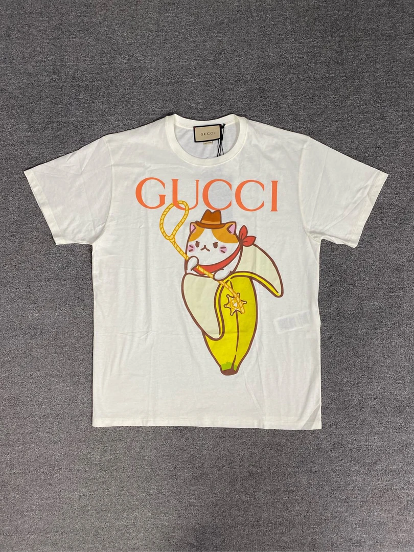 未使用 GUCCI/古驰 套绳香蕉猫印花短袖T恤/白色/L码