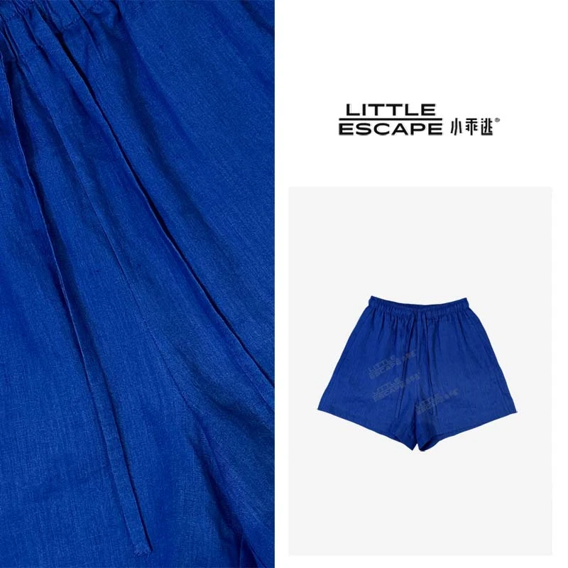 小乖逃藏蓝色短裤双口袋弹力松紧带亚麻阔腿短裤 250608