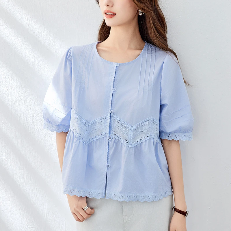 蕾丝镂空拼接泡泡袖衬衫女2025年夏新款宽松百搭V领洋气娃娃衫