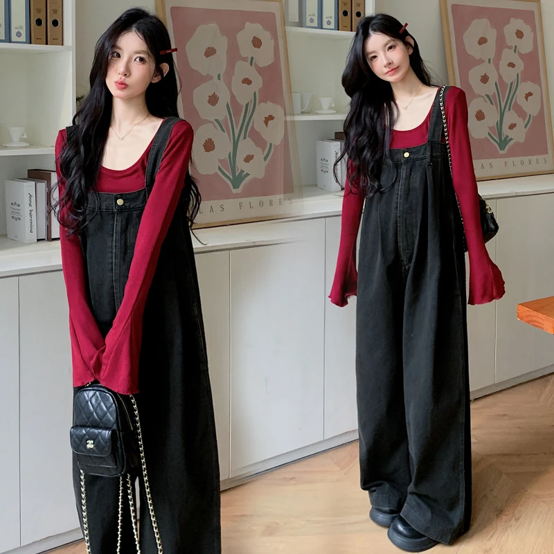 孕妇春装套装2025新款长袖上衣牛仔背带裤洋气时髦穿搭