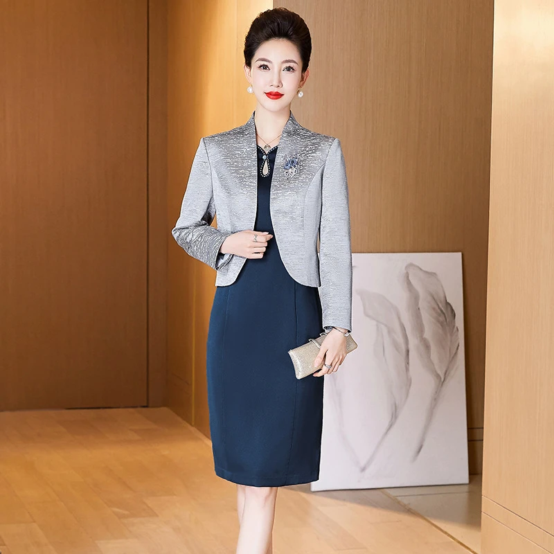 经典青雀蓝套装连衣裙中年高贵优雅妈妈装婚宴礼服套装裙平时可穿