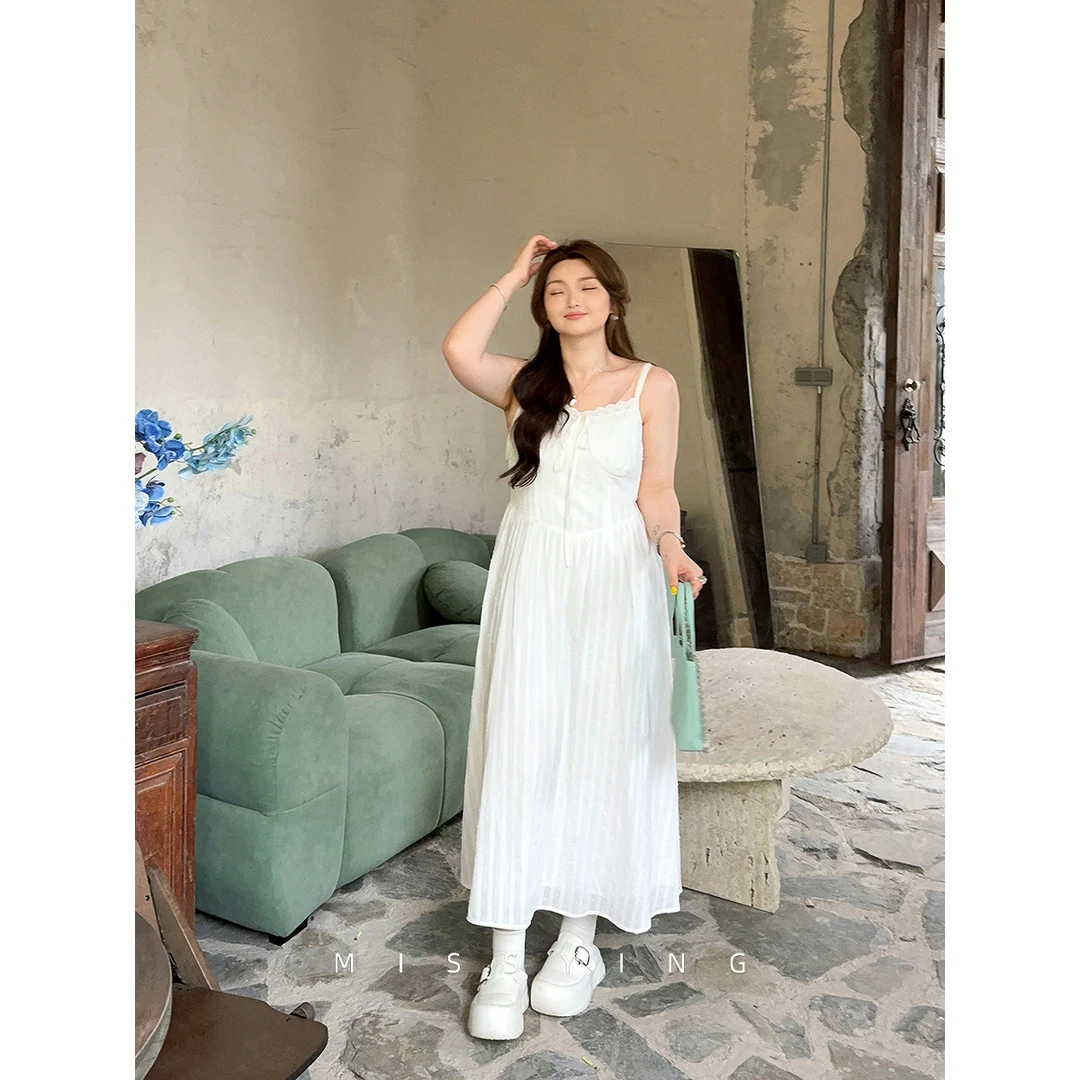 应小姐【仲夏甜茶】微胖大码夏季显瘦法式复古蕾丝拼接吊带连衣裙