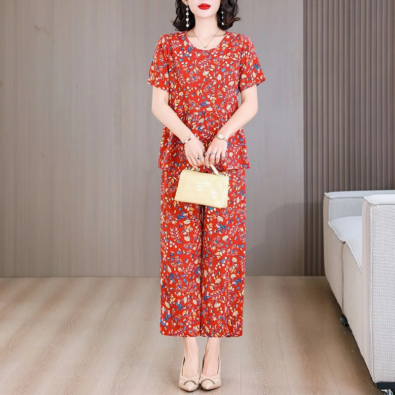 夏季新款棉绸套装时尚洋气外穿大码妈妈休闲人造棉宽松短袖两件套