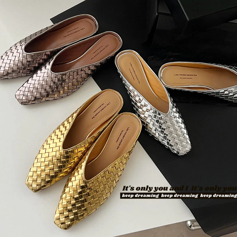 （牛皮/3.5厘米）法式编织包头半拖鞋女夏季外穿方头内增高真皮女鞋
