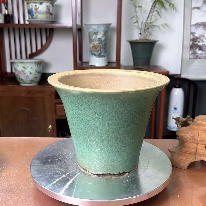 杨***生绿釉哑光窑变陶瓷盆微瑕