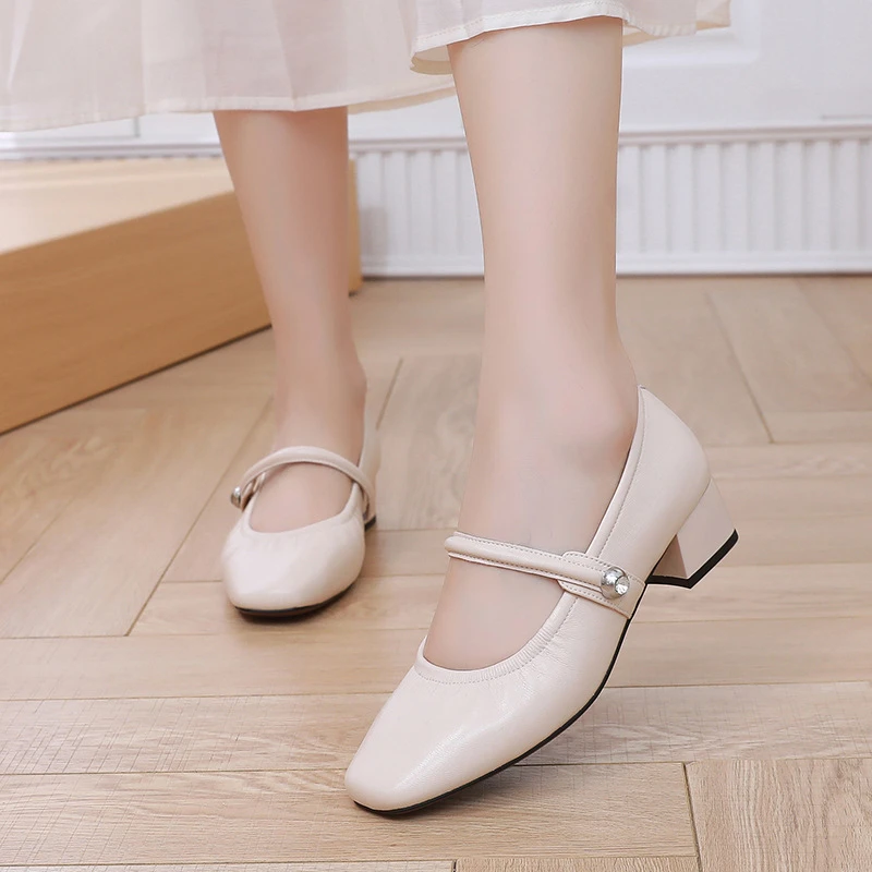 柔软层羊皮粗跟单鞋浅口女春夏季新款时尚真皮复古透气舒适女鞋