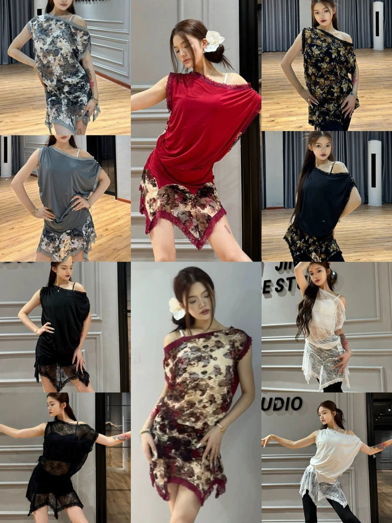 鲸艺拉丁舞服斜肩短袖蕾丝大衫连衣裙教师成人女表演练舞红灰白色