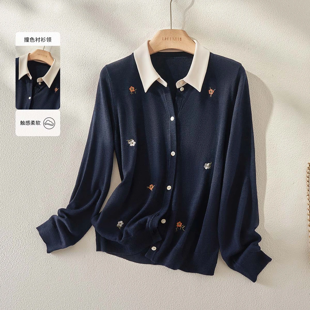 IHIMI/海谧【花园派对】26春新款女装气质假两件拼接绣花针织衫上衣