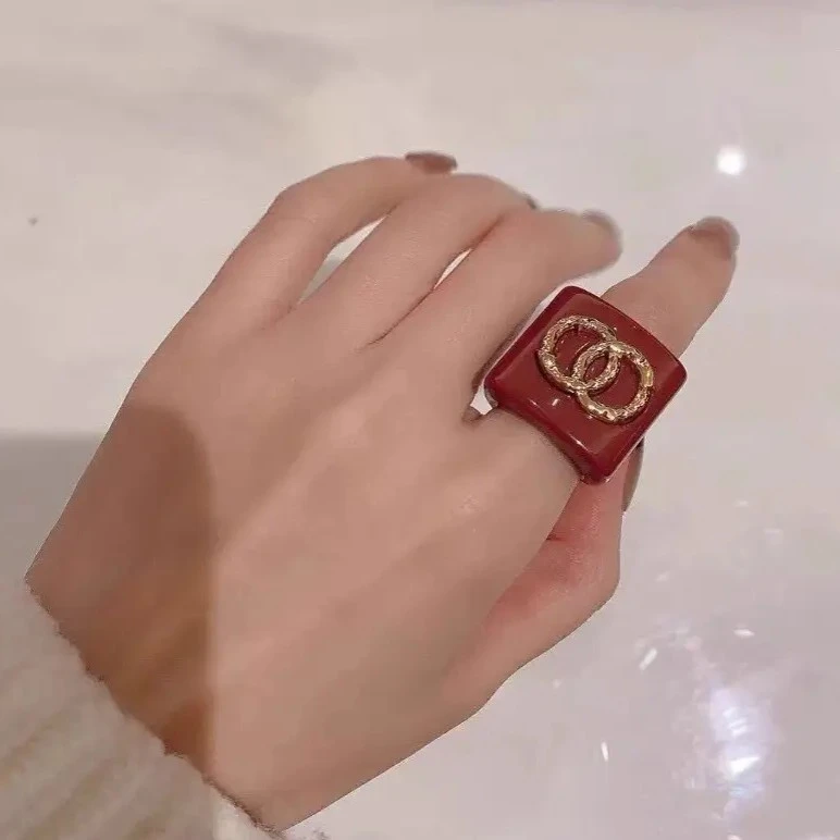 钛钢亚克力戒指 时尚轻奢百搭复古ins小众指环可调节红色戒指手工